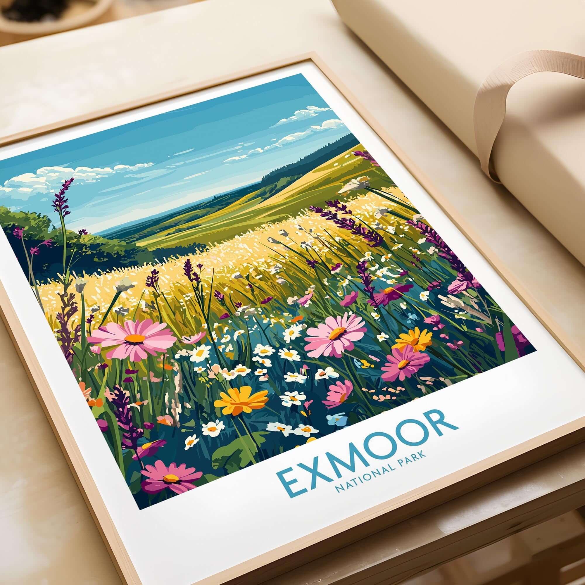 Exmoor Poster National Park featuring vibrant flowers and scenic landscapes, perfect for nature lovers.