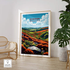 Exmoor Print National Park wall art displayed in a modern interior with lush landscapes.