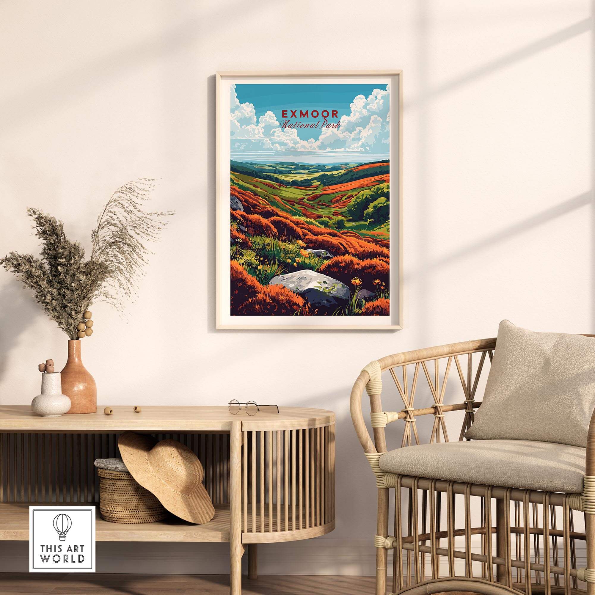 Exmoor Print National Park wall art displayed in a modern living room setting with natural decor.