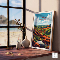 Exmoor Print National Park displayed in a frame with a scenic landscape, enhancing home decor with nature-inspired art.