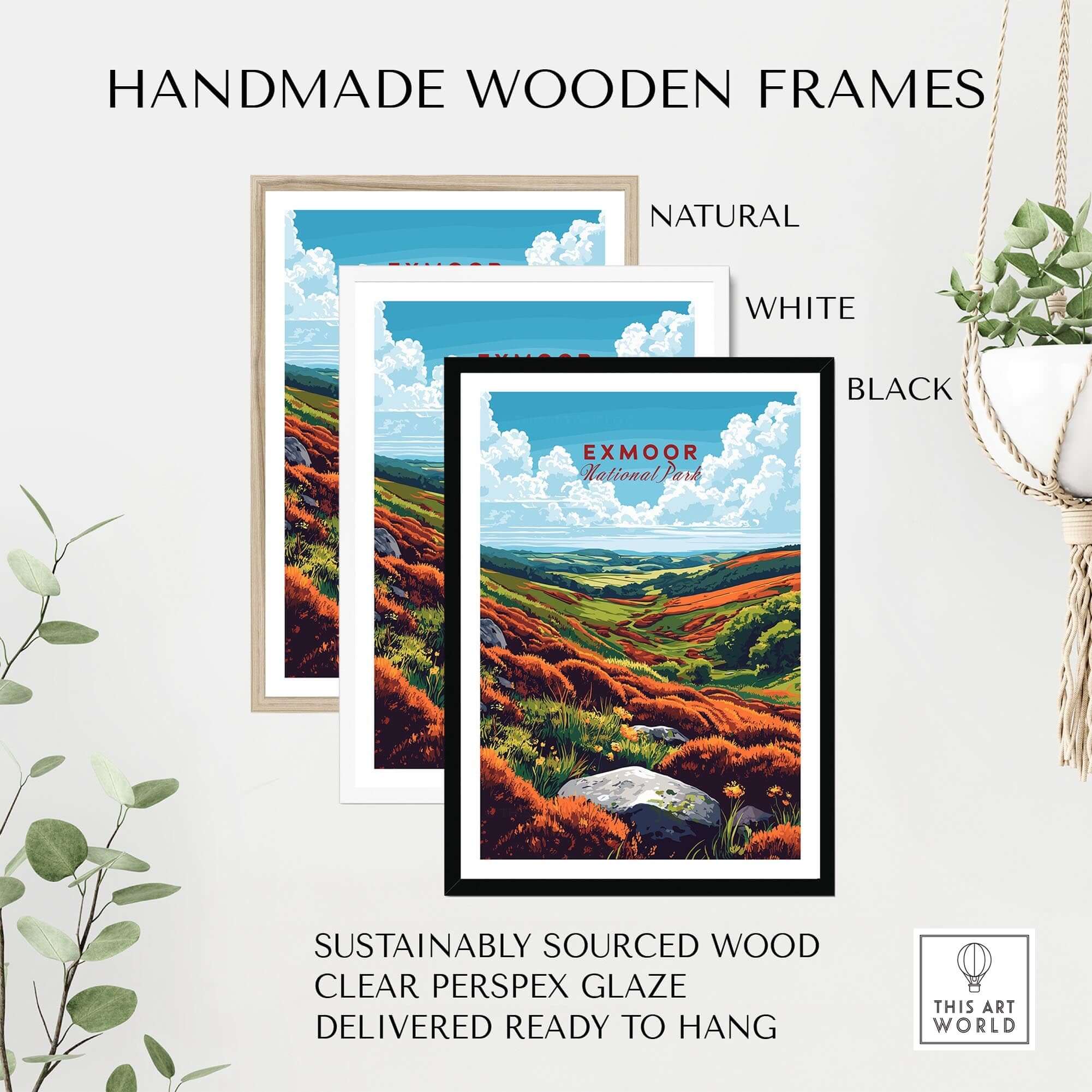 Exmoor Print National Park wall art in handmade wooden frames, available in natural, white, and black finishes.
