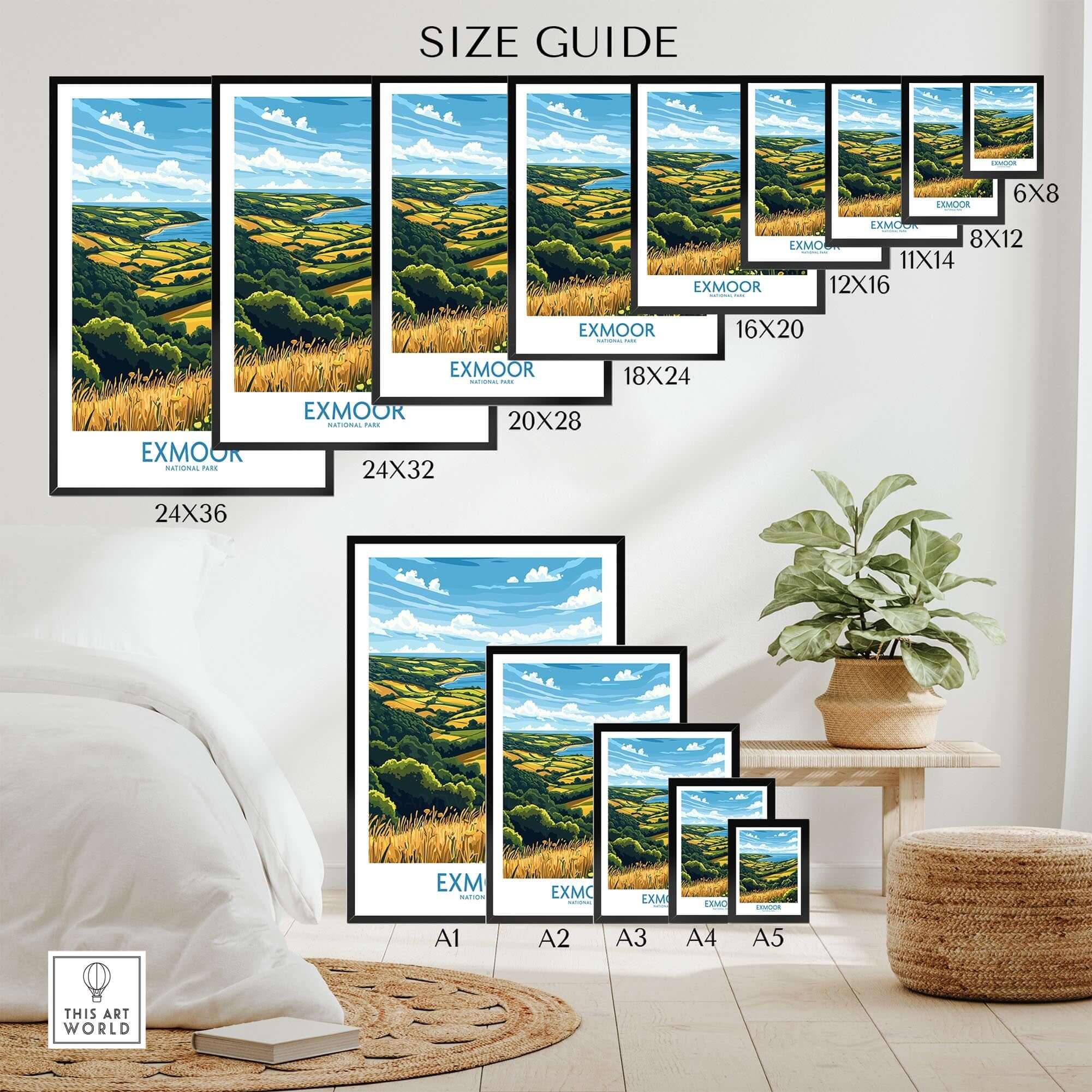 Size guide for Exmoor Travel Poster options featuring various frame sizes in a cozy room setting.