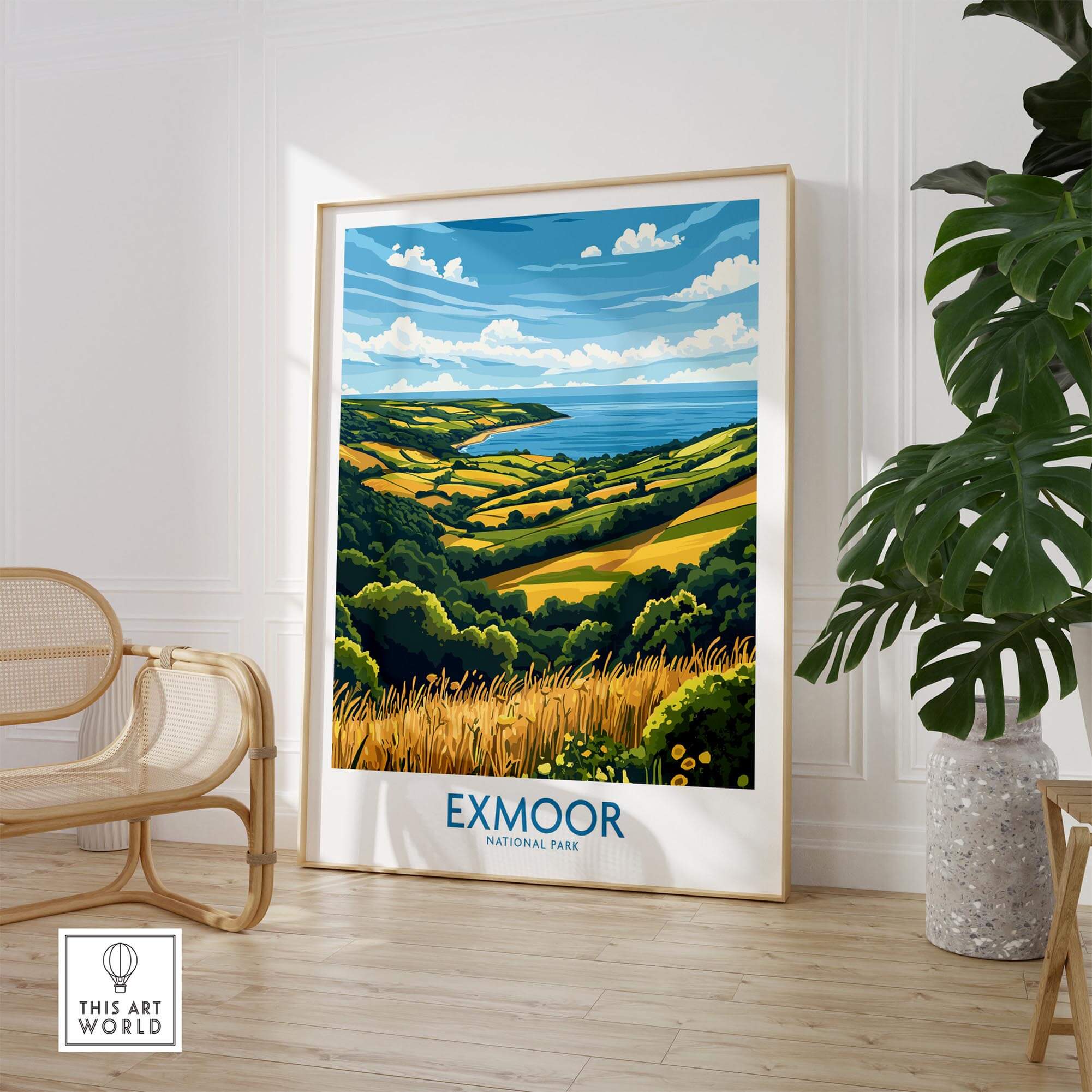 Exmoor Travel Poster showcasing stunning landscapes of Exmoor National Park with vibrant colors and serene scenery.