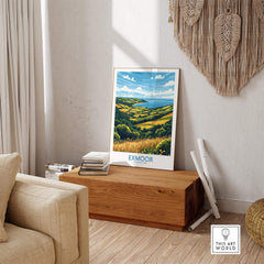 Exmoor Travel Poster displayed in a cozy room, showcasing the beautiful landscapes of Exmoor National Park.