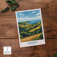 Exmoor Travel Poster showcasing the stunning landscapes of Exmoor National Park on a wooden table.