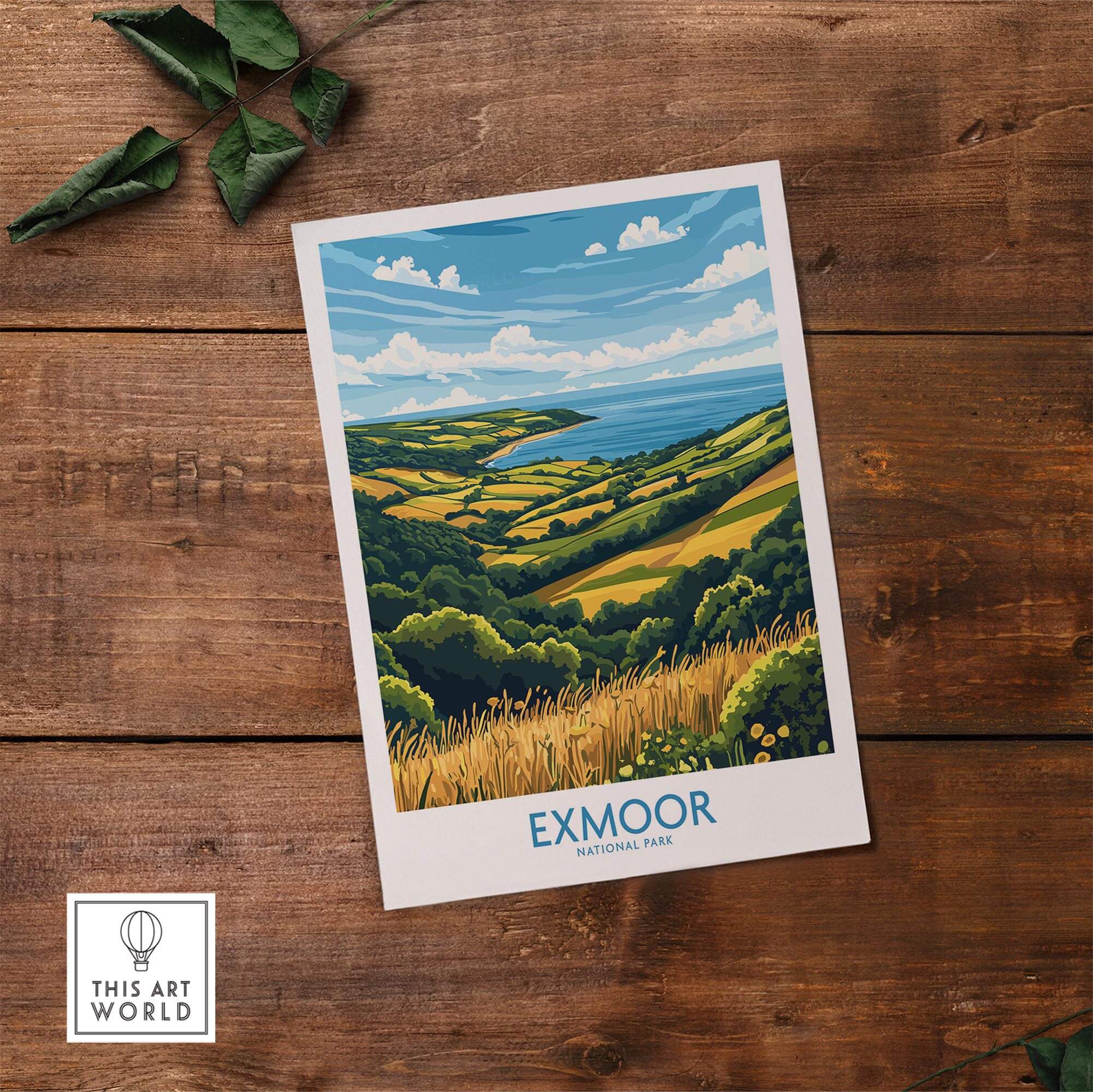 Exmoor Travel Poster showcasing the stunning landscapes of Exmoor National Park on a wooden table.