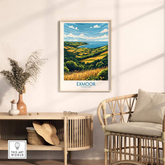 Exmoor Travel Poster displayed in a stylish living room setting with a view of the Exmoor landscape.