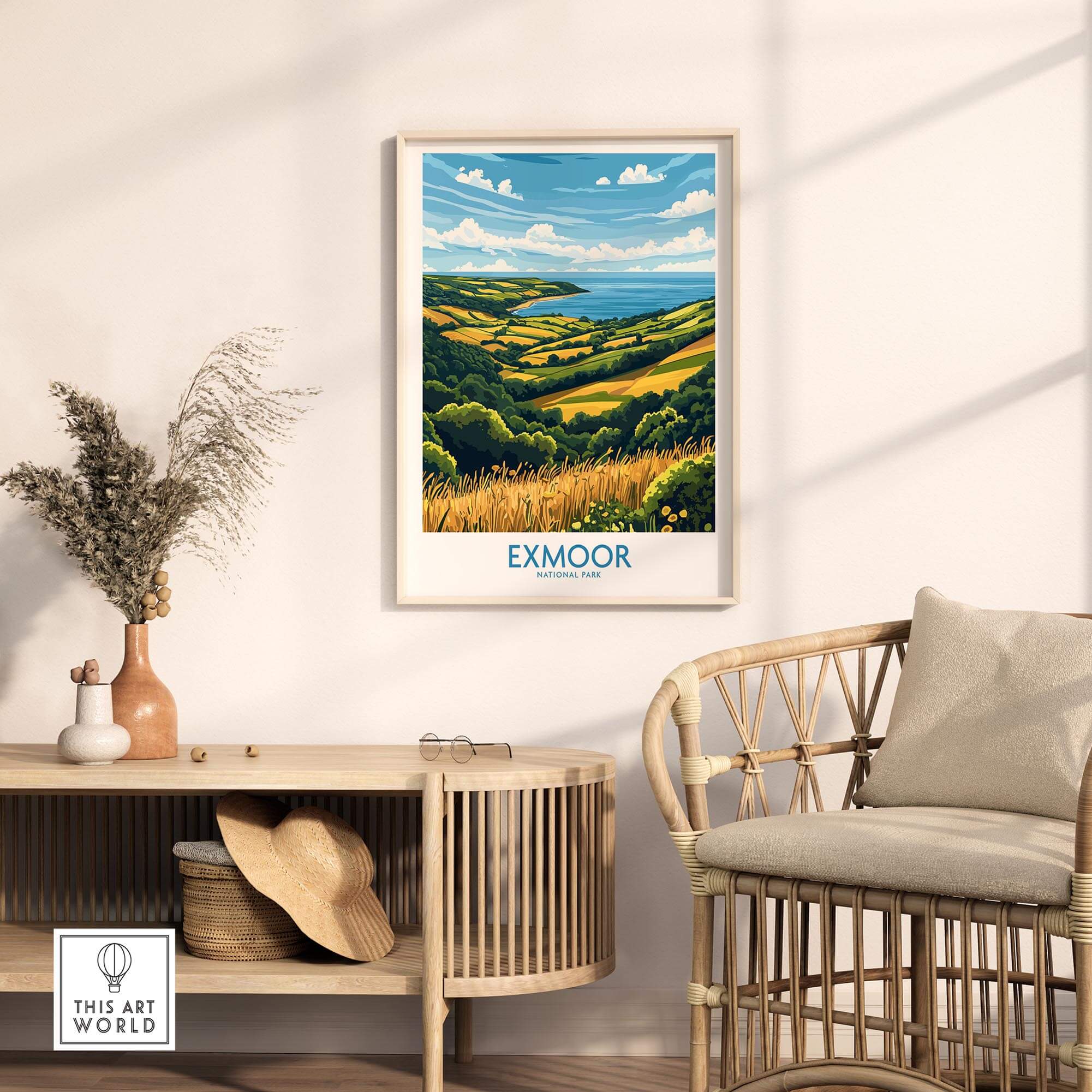 Exmoor Travel Poster displayed in a stylish living room setting with a view of the Exmoor landscape.