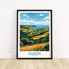 Exmoor Travel Poster showcasing picturesque landscapes of Exmoor National Park with rolling hills and vibrant skies.