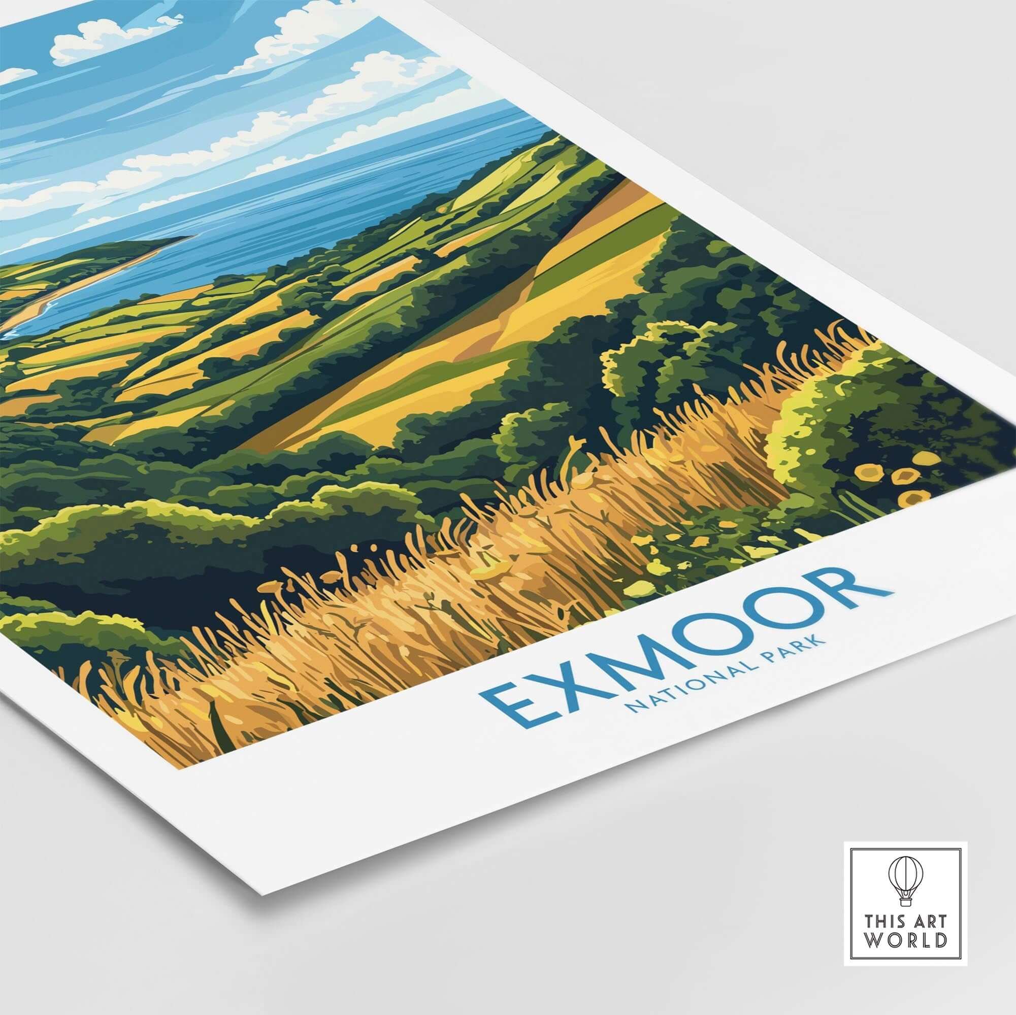 Exmoor Travel Poster showcasing vibrant landscapes of Exmoor National Park with lush greenery and coastal views.