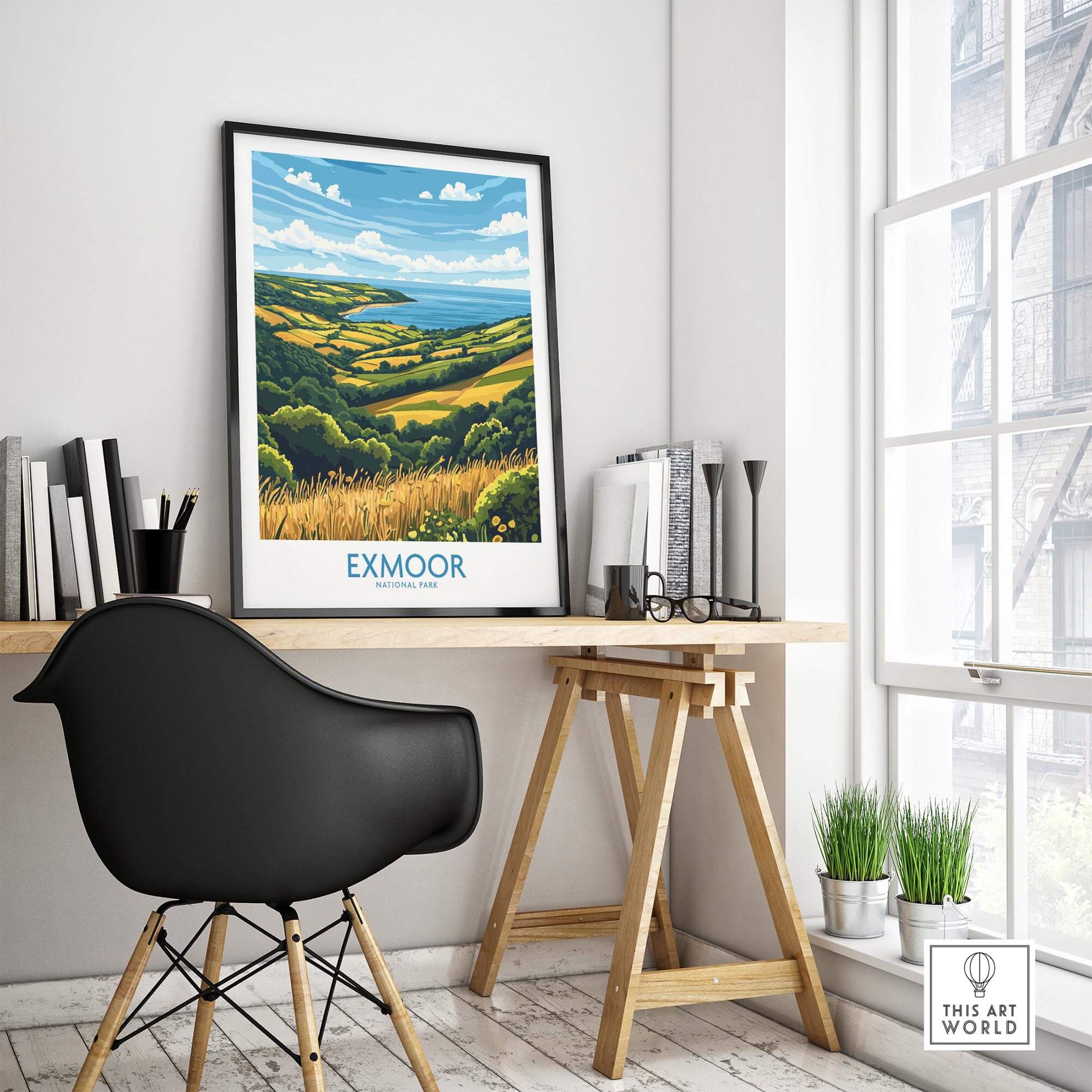 Exmoor Travel Poster displayed in a stylish home office setting with greenery and modern decor.