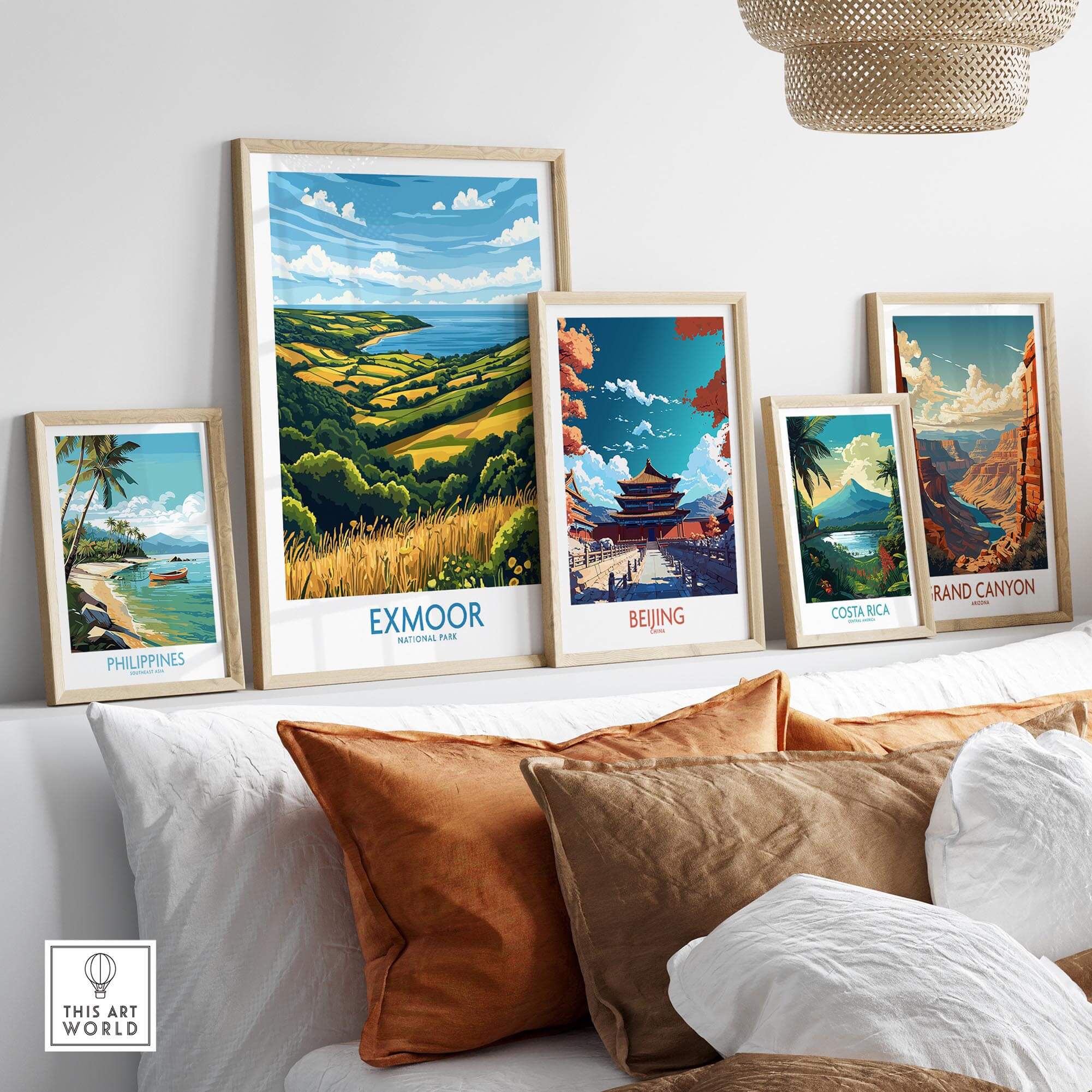 Exmoor Travel Poster displayed with other travel posters, showcasing beautiful landscapes and inspiring wanderlust art.