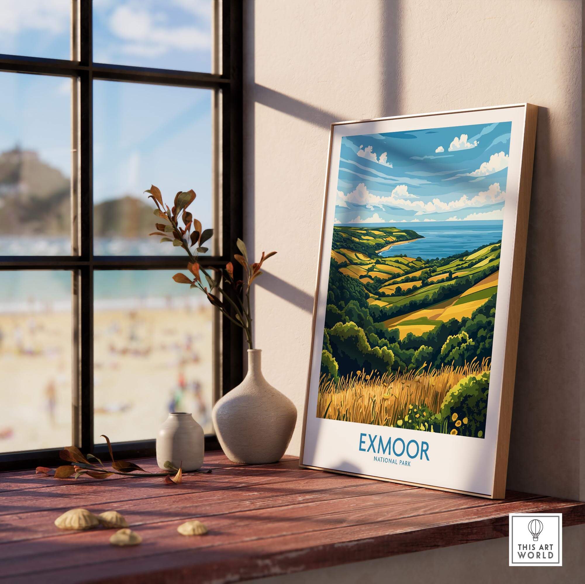 Exmoor Travel Poster displayed in a sunny room, showcasing the vibrant landscapes of Exmoor National Park.