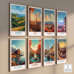 Exmoor Travel Poster displayed among other famous city travel posters like Paris and Tokyo in a framed art collection.