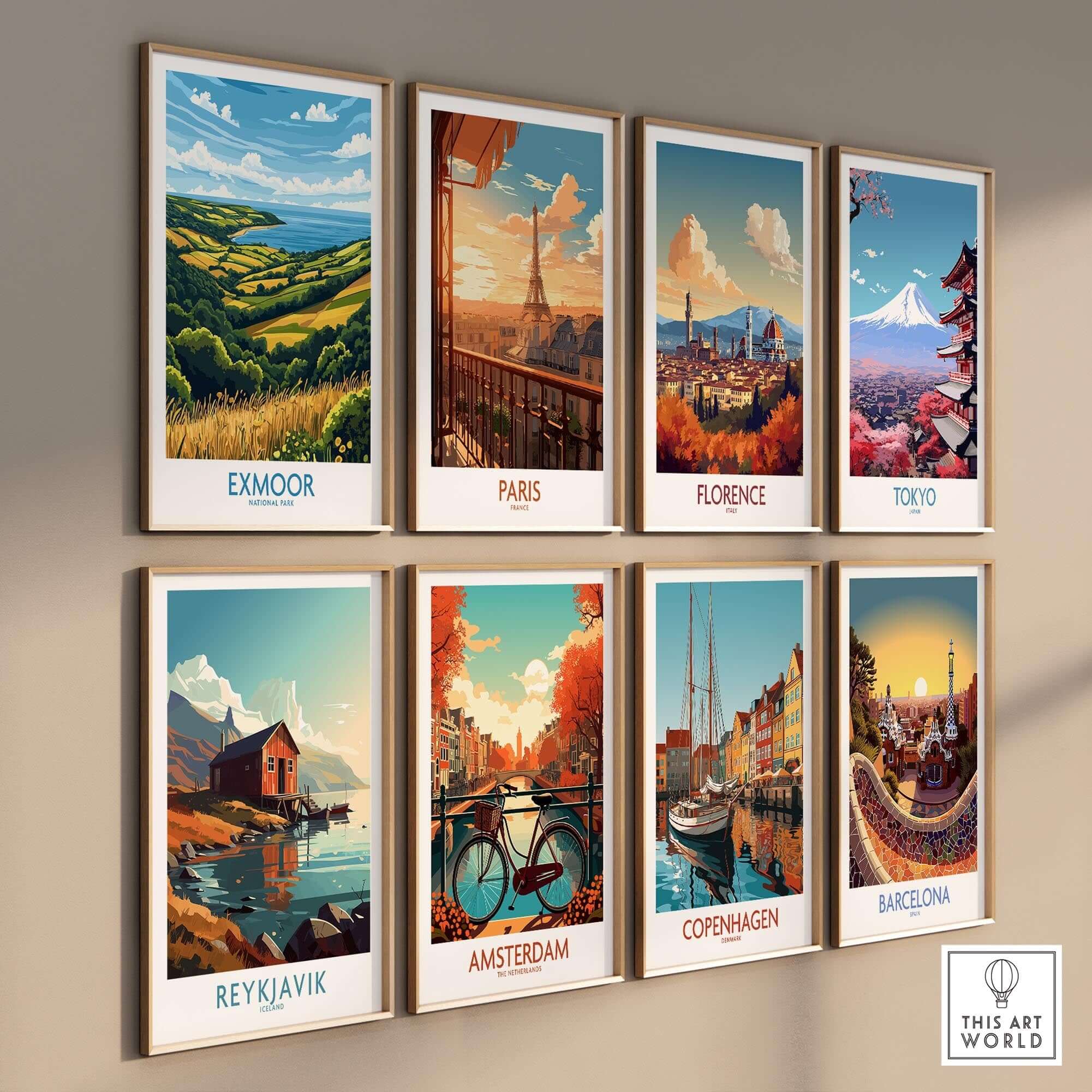 Exmoor Travel Poster displayed among other famous city travel posters like Paris and Tokyo in a framed art collection.