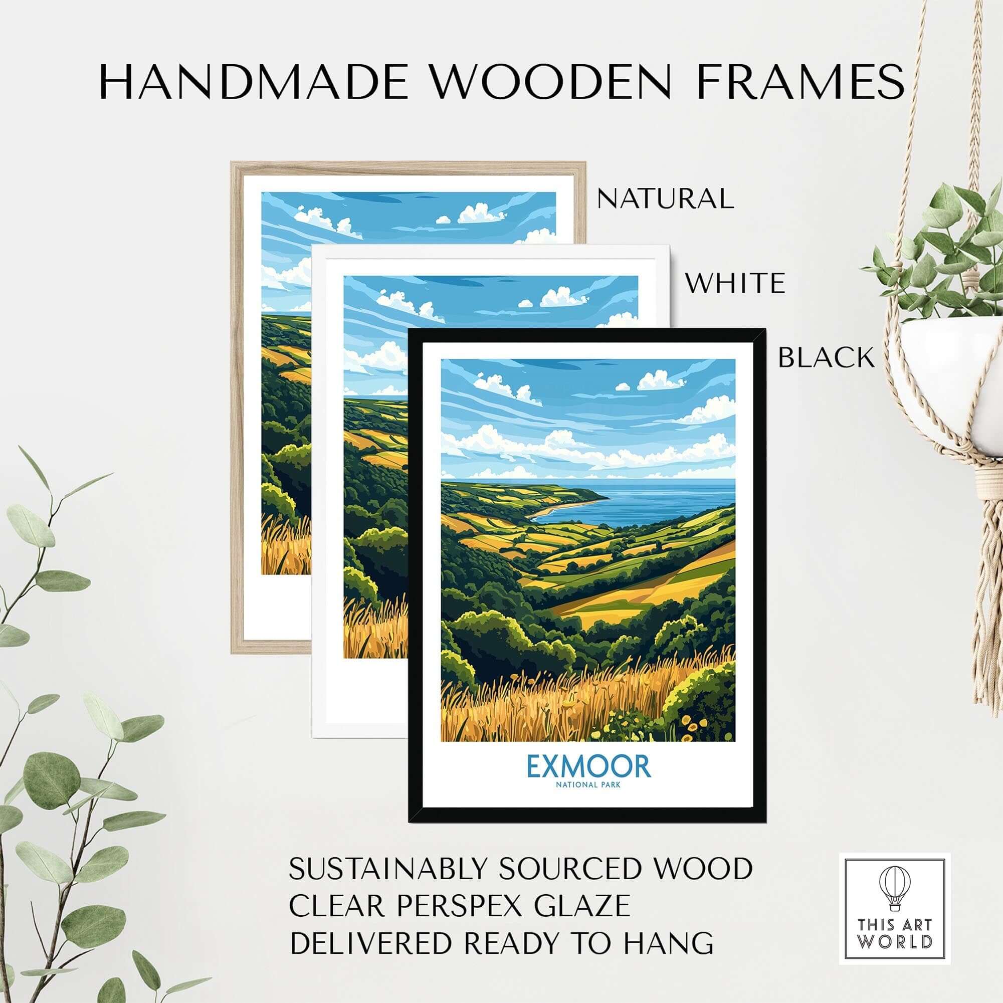 Exmoor Travel Poster displayed in handmade wooden frames in natural, white, and black finishes.
