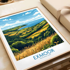 Exmoor Travel Poster featuring vibrant landscapes of Exmoor National Park, perfect for nature lovers and wanderlust seekers.
