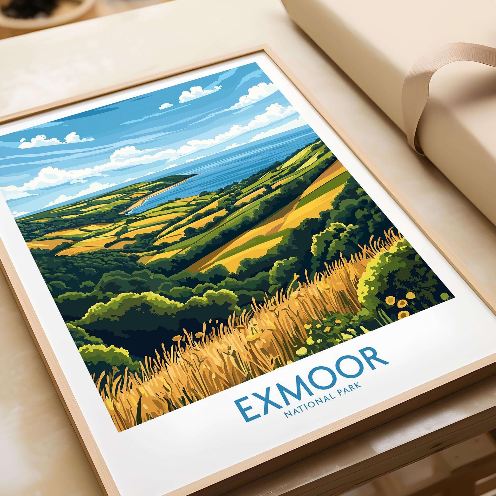 Exmoor Travel Poster featuring vibrant landscapes of Exmoor National Park, perfect for nature lovers and wanderlust seekers.