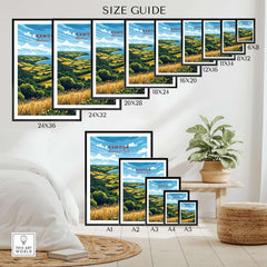 Exmoor Travel Print size guide showcasing various framed options in a stylish interior setting.