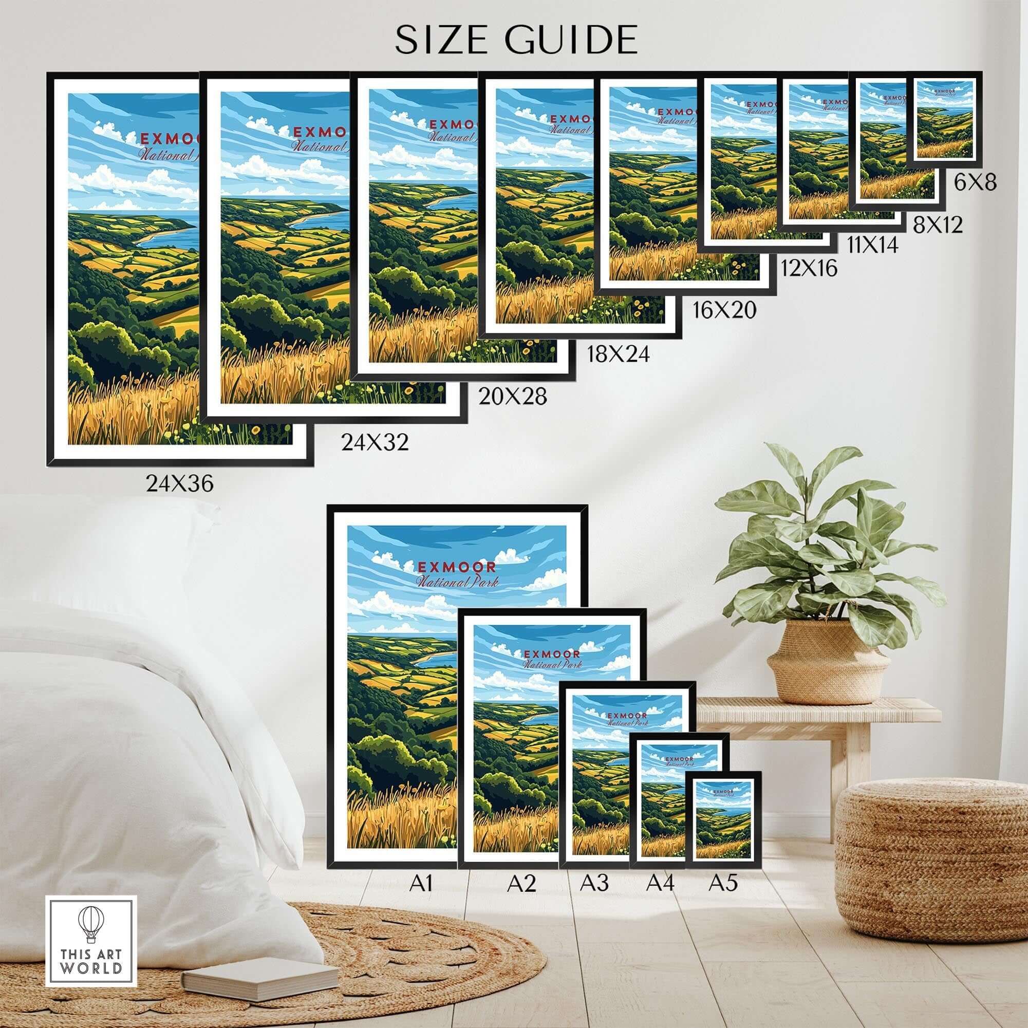Exmoor Travel Print size guide showcasing various framed options in a stylish interior setting.