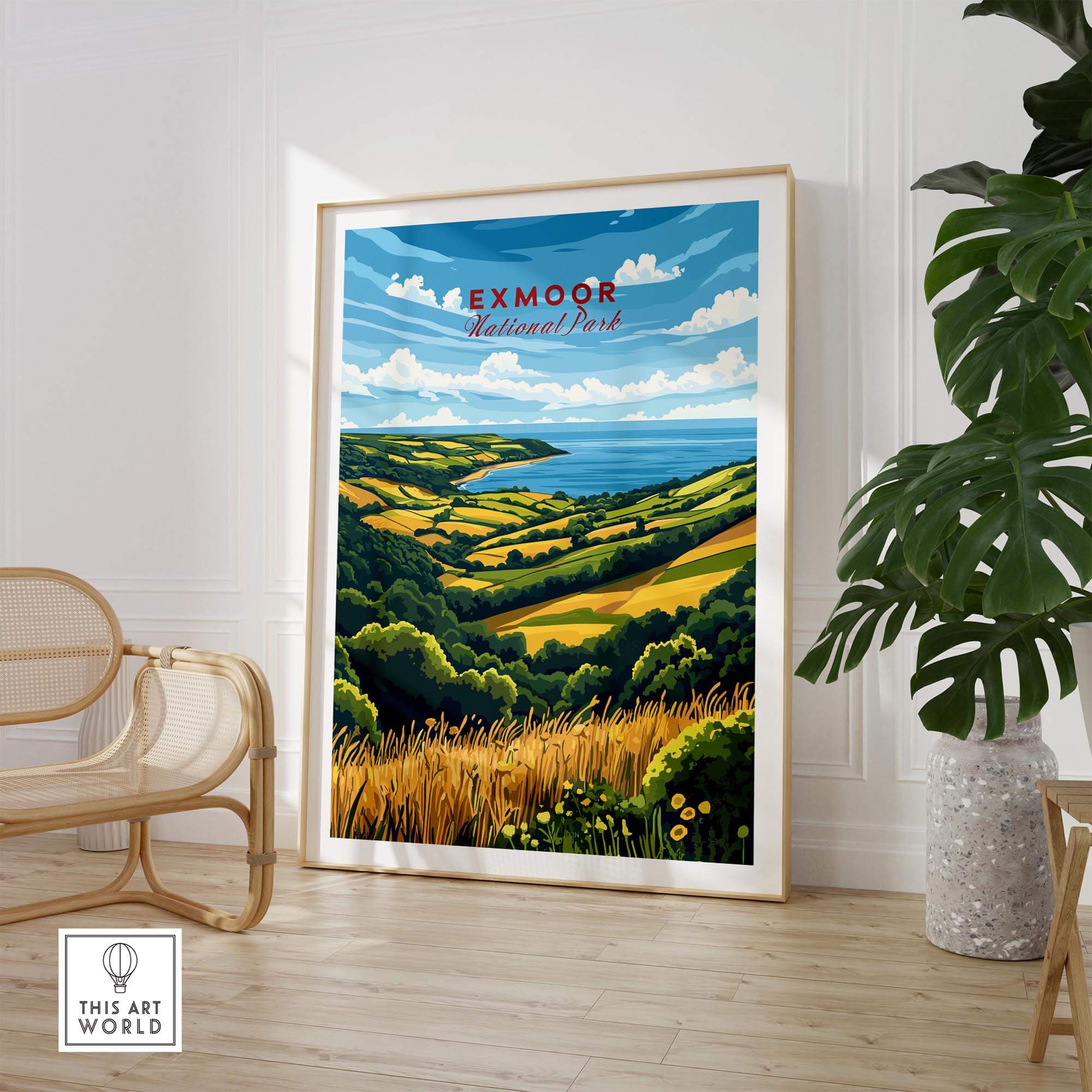 Exmoor Travel Print showcasing the stunning landscapes of Exmoor National Park in a stylish home setting.