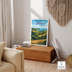 Exmoor Travel Print displayed in a stylish living room, showcasing the beauty of UK National Parks.