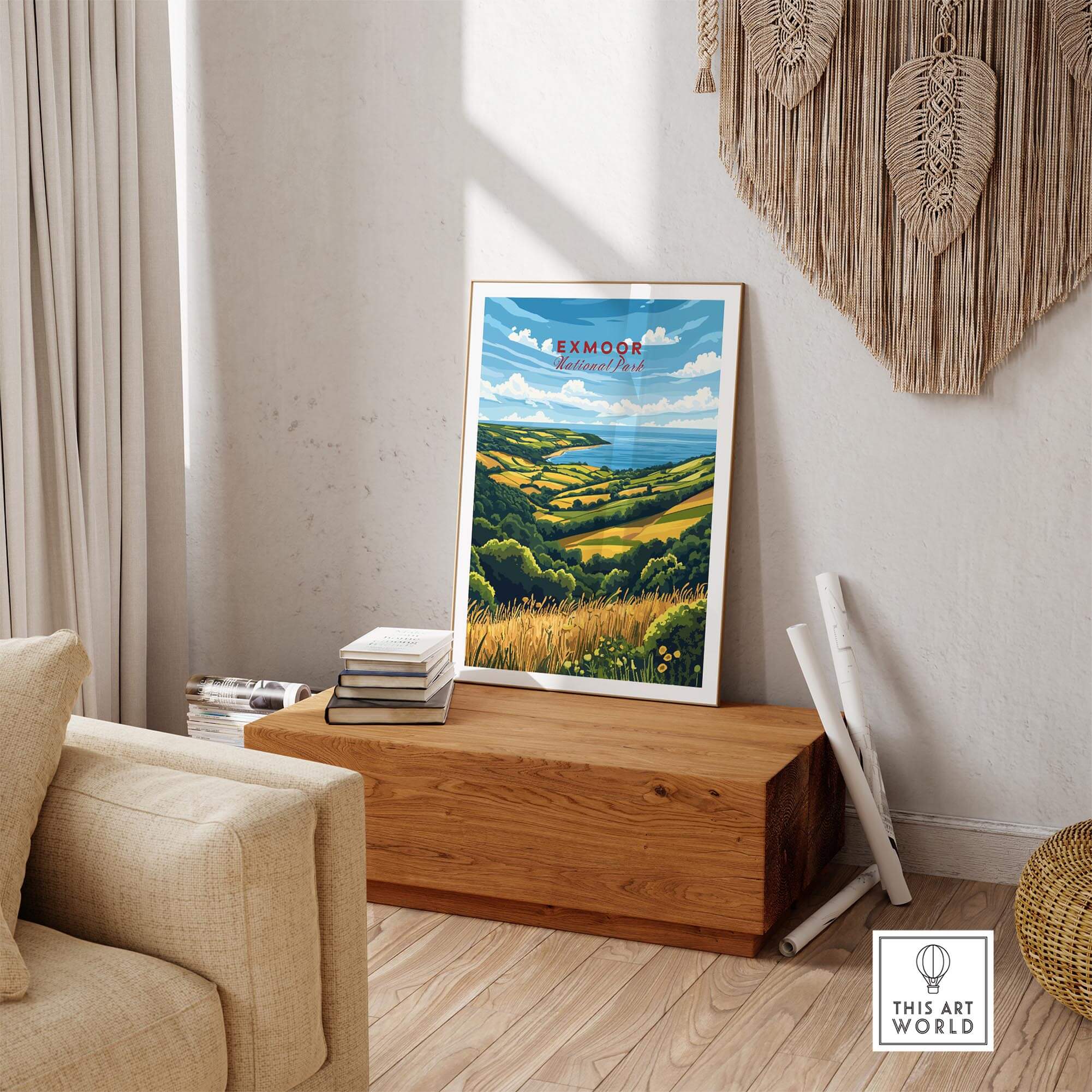 Exmoor Travel Print displayed in a stylish living room, showcasing the beauty of UK National Parks.
