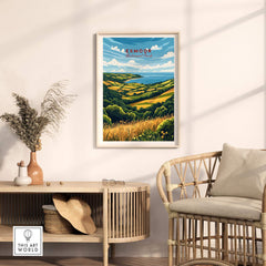 Exmoor Travel Print showcasing stunning landscapes of Exmoor, UK National Parks wall art enhancing home decor.