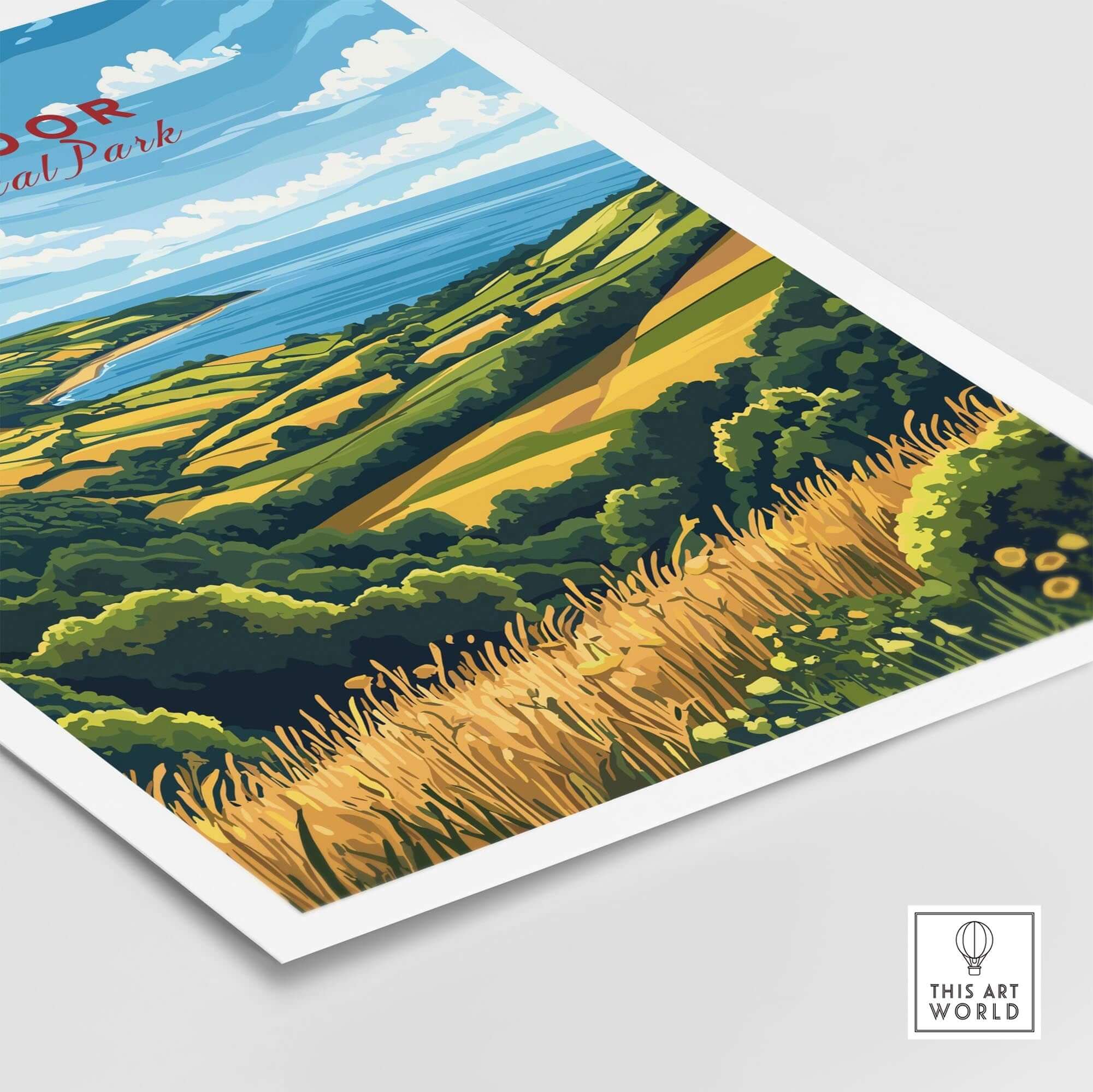 Exmoor Travel Print showcasing the vibrant landscapes of Exmoor National Park with lush greenery and sweeping views.