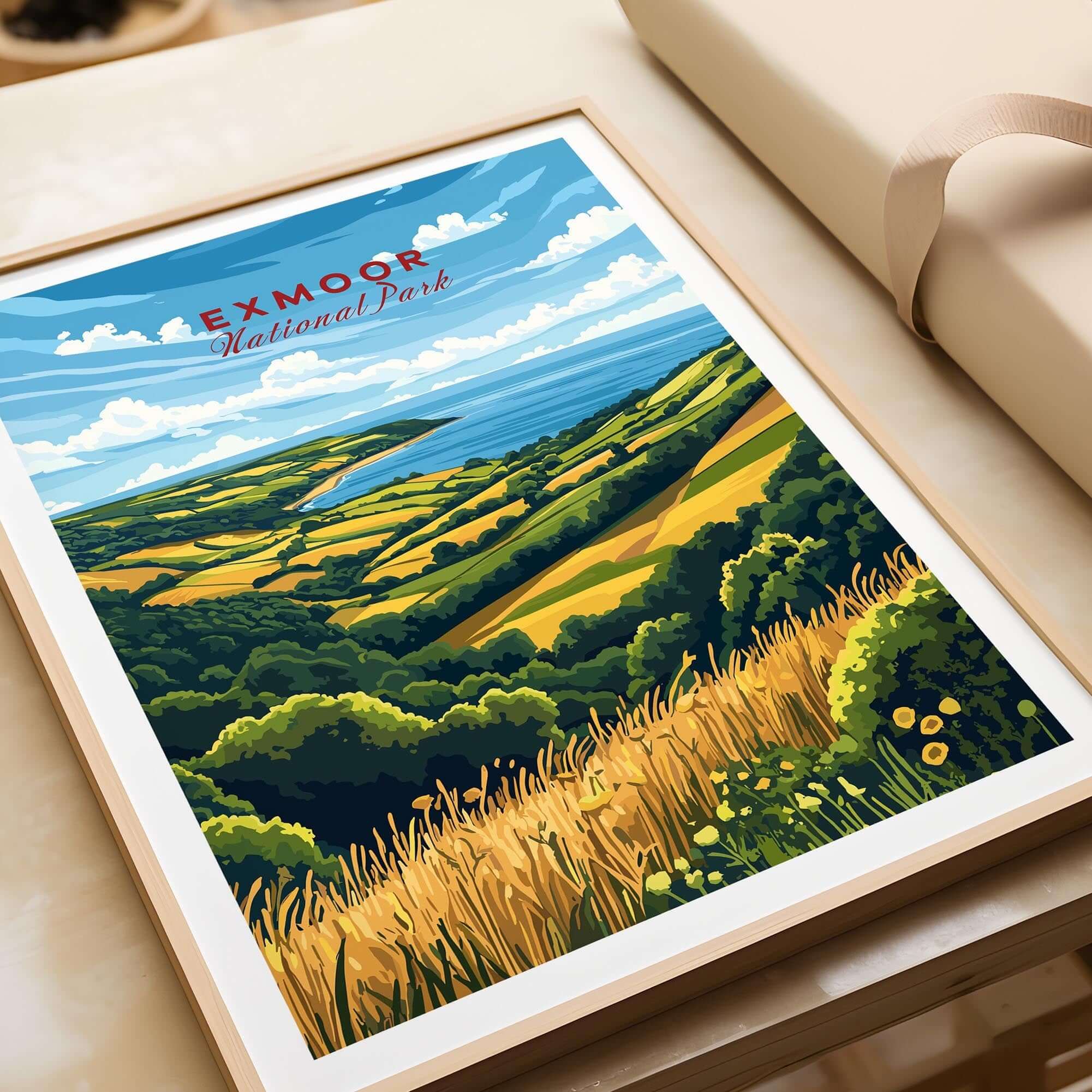 Exmoor Travel Print showcasing the stunning landscapes of Exmoor National Park in vibrant colors.