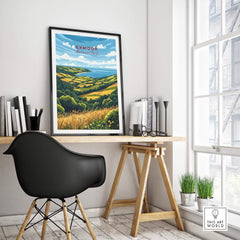 Exmoor Travel Print displayed in a modern workspace, showcasing the scenic beauty of Exmoor's landscapes.