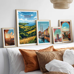 Exmoor Travel Print and other travel wall art displayed in stylish frames on a modern living room wall.