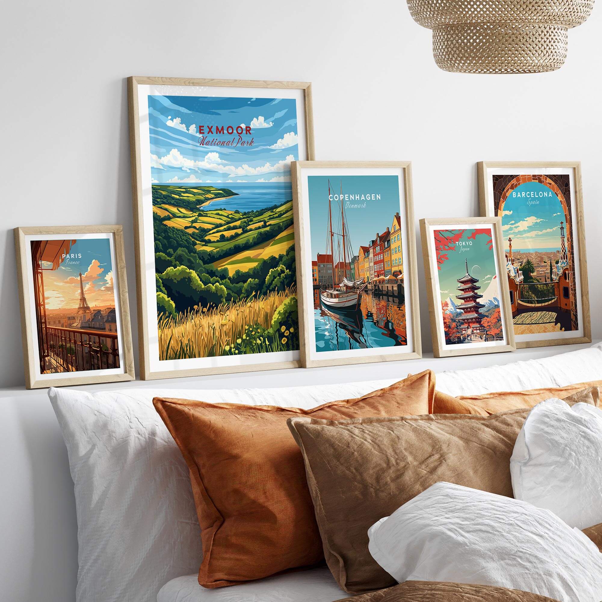 Exmoor Travel Print and other travel wall art displayed in stylish frames on a modern living room wall.