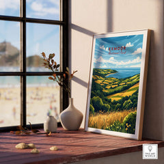 Exmoor Travel Print displayed in a stylish interior, showcasing the beauty of UK National Parks with vibrant landscapes.