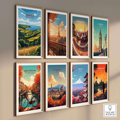 Exmoor Travel Print and other city travel posters framed on a wall, showcasing global landscapes.