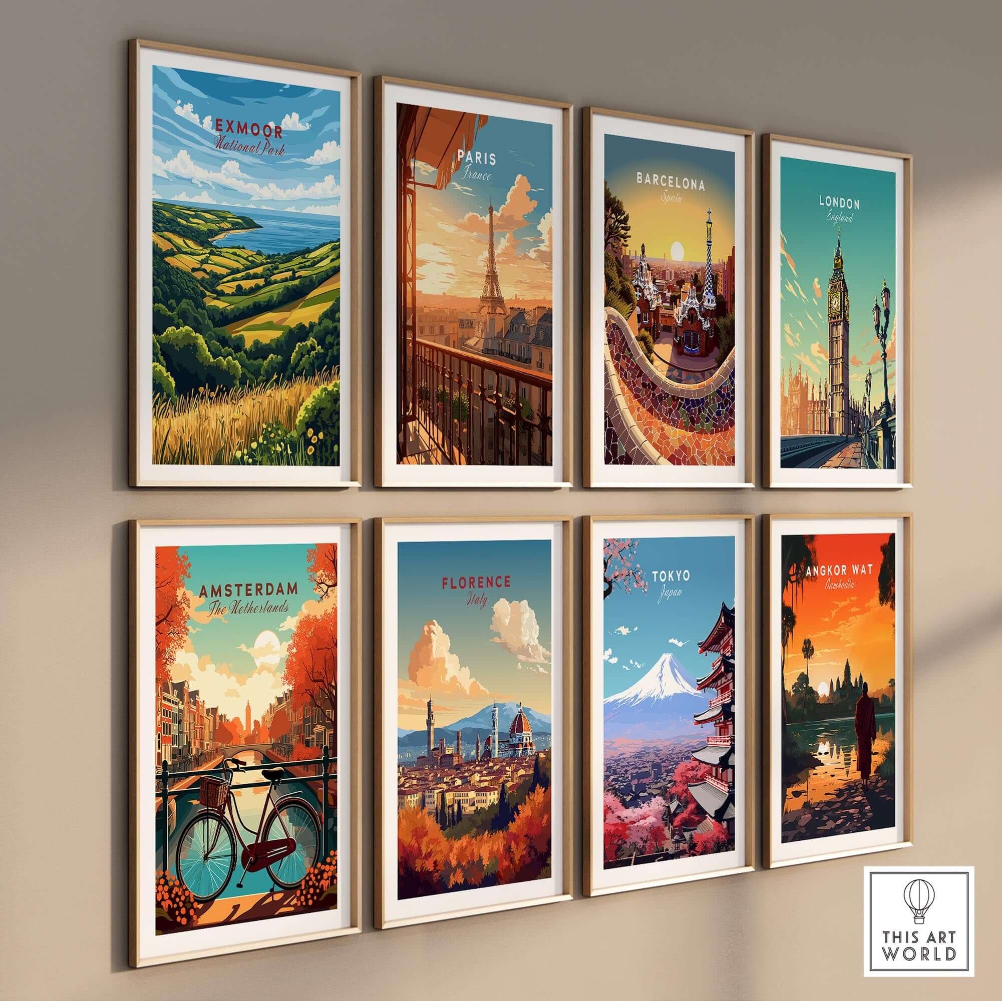 Exmoor Travel Print and other city travel posters framed on a wall, showcasing global landscapes.