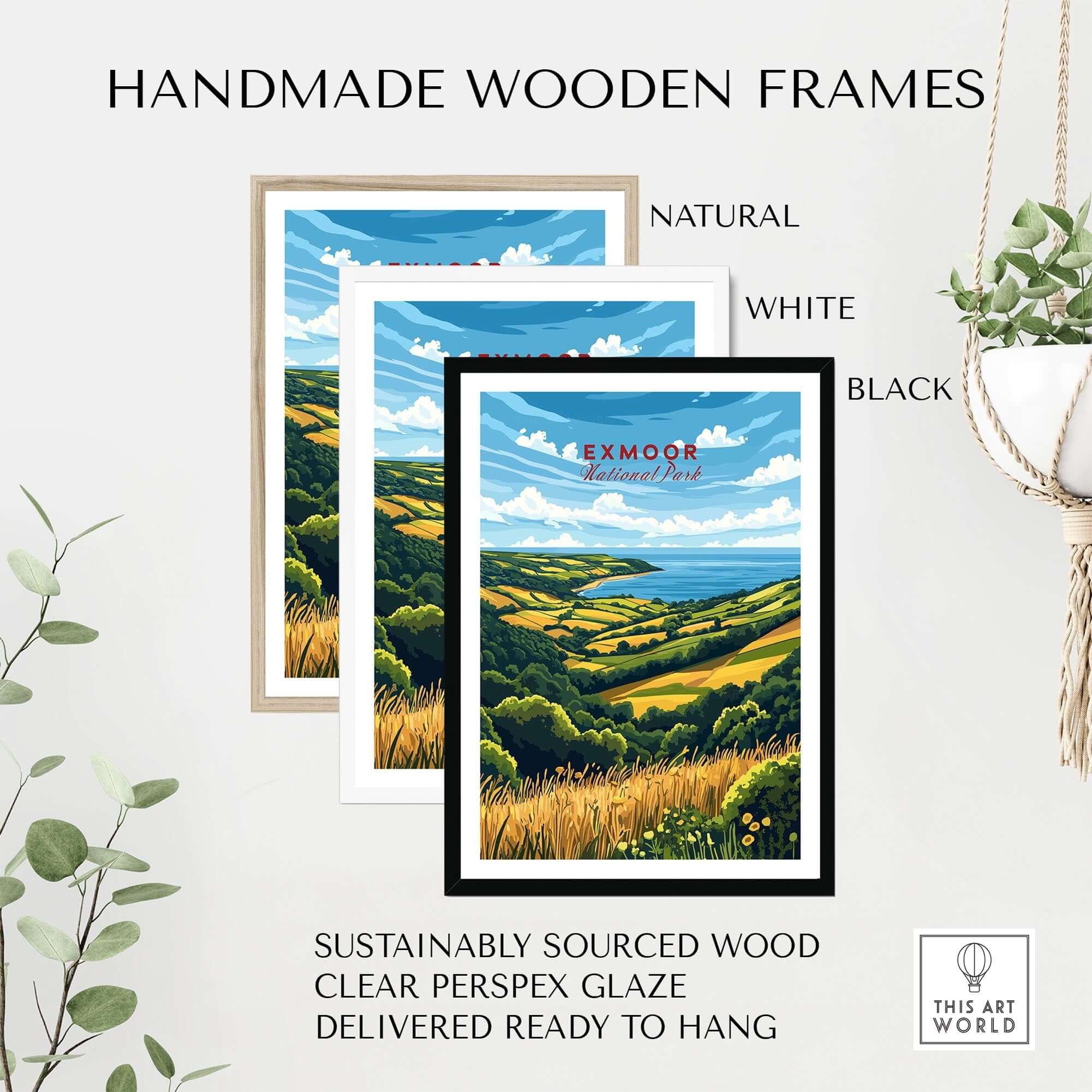 Exmoor Travel Print displayed in handmade wooden frames in natural, white, and black finishes, ready to hang.