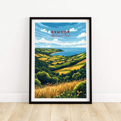 Exmoor Travel Print featuring vibrant landscape of Exmoor National Park with fields and coastline.