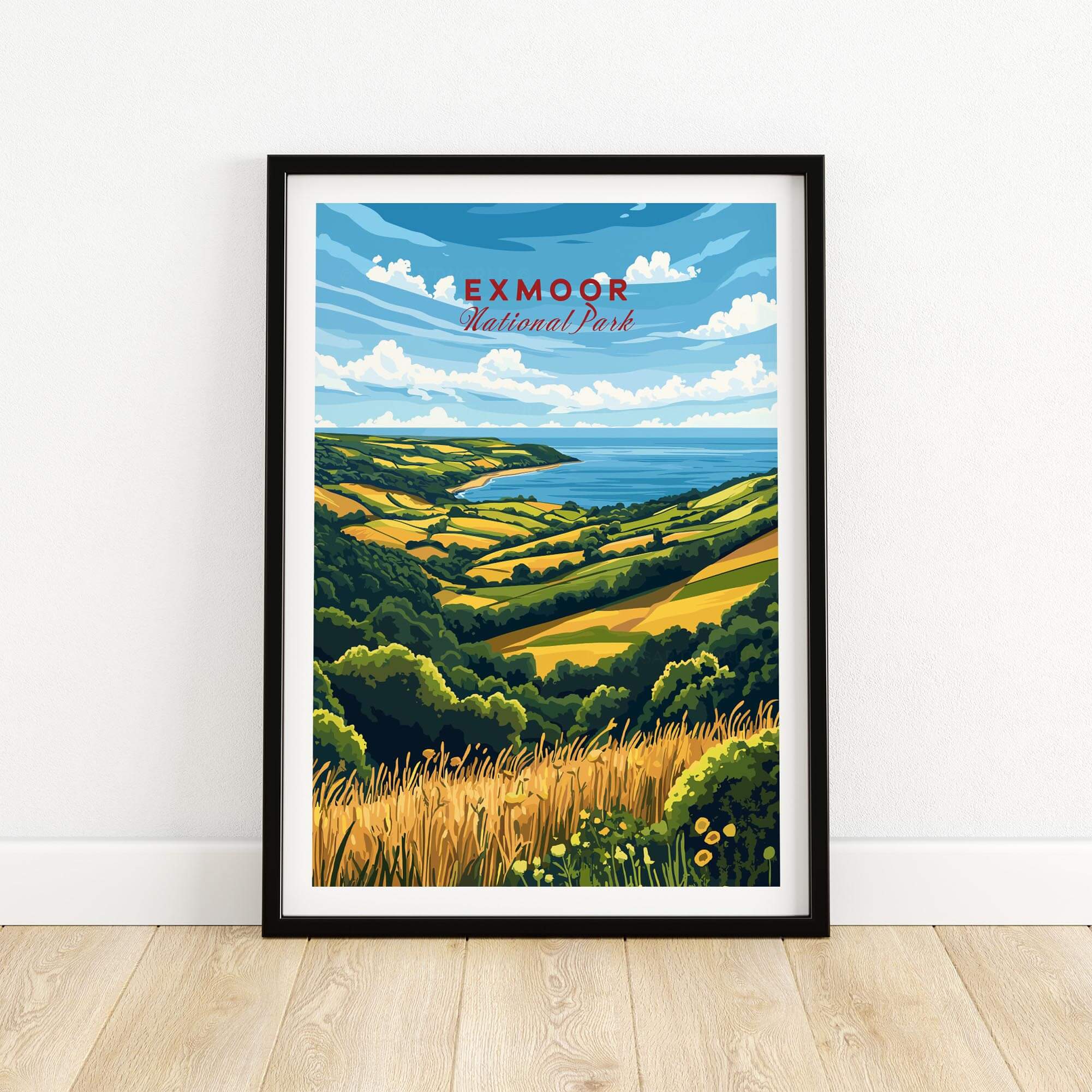 Exmoor Travel Print featuring vibrant landscape of Exmoor National Park with fields and coastline.