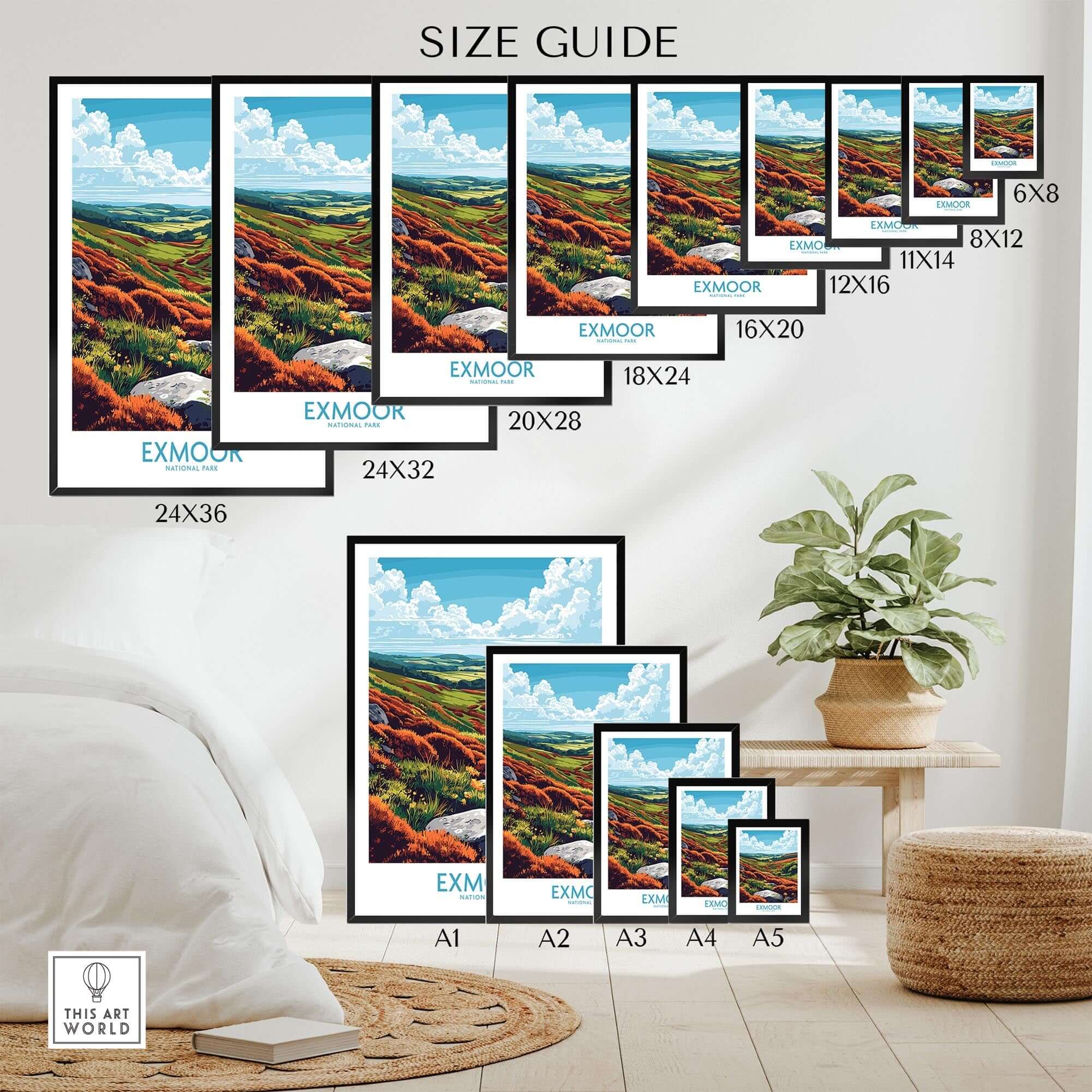 Exmoor Wall Art Poster size guide showcasing various dimensions of the stunning artwork for nature lovers.