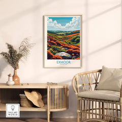 Exmoor Wall Art Poster displayed in a stylish living room, showcasing the beautiful landscape of Exmoor National Park.