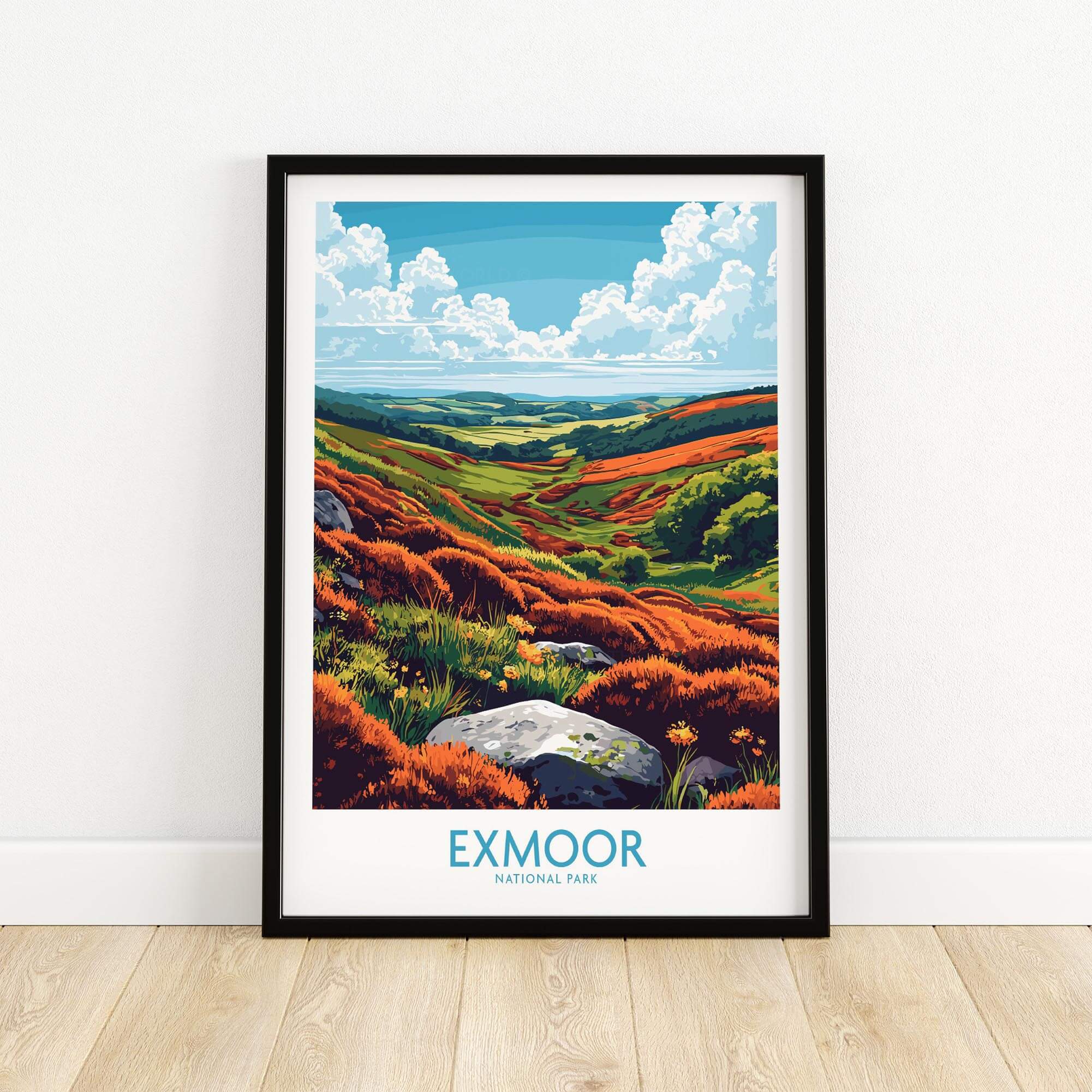 Exmoor Wall Art Poster showcasing the vibrant landscape of Exmoor National Park with colorful moorland and rocks.