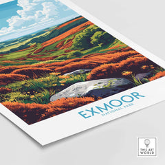 Exmoor Wall Art Poster featuring vibrant landscapes of Exmoor National Park with rolling hills and scenic views.