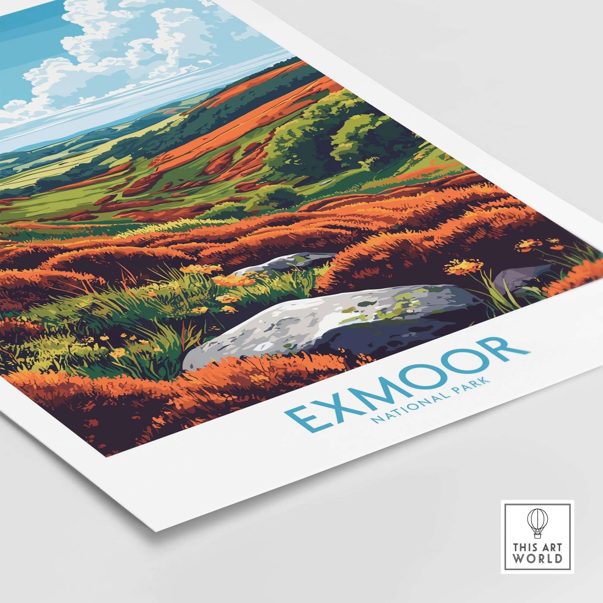 Exmoor Wall Art Poster featuring vibrant landscapes of Exmoor National Park with rolling hills and scenic views.