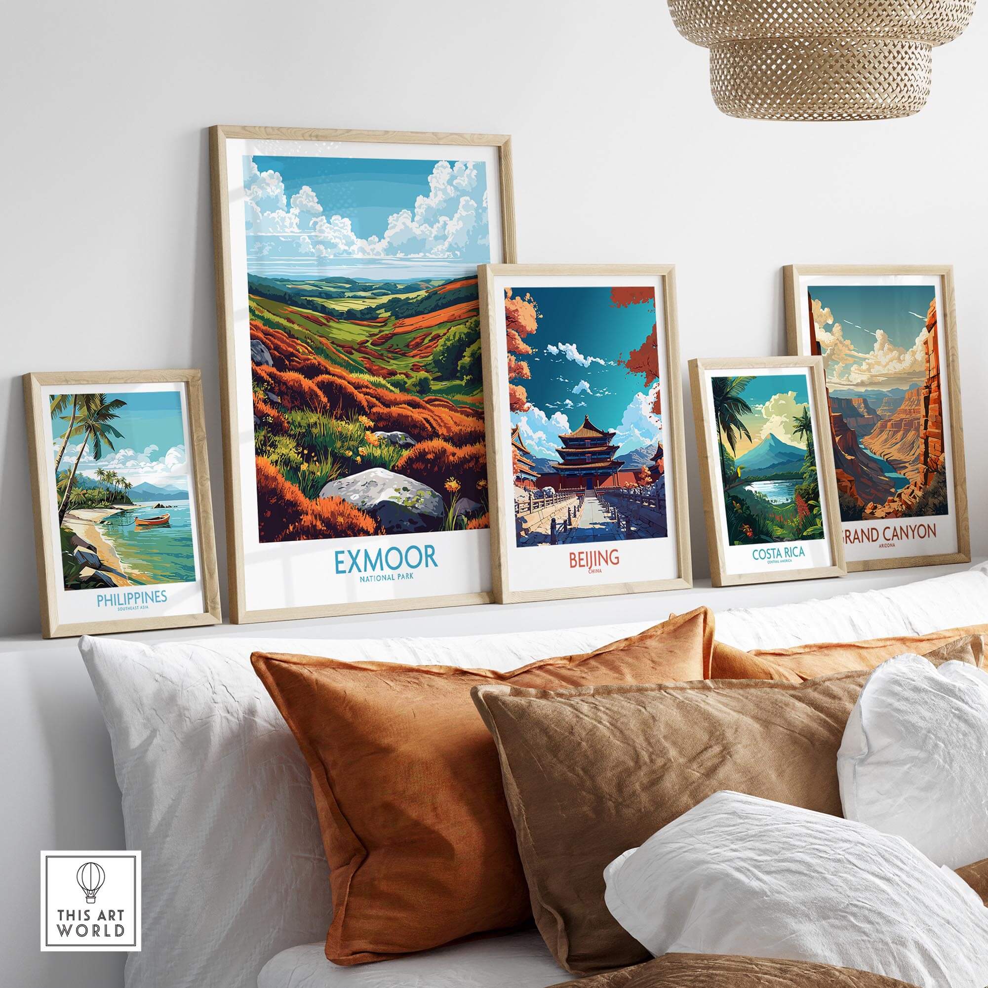 Exmoor Wall Art Poster displayed among travel-inspired prints in a stylish living room setting.