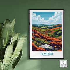 Exmoor Wall Art Poster showcasing the vibrant landscape of Exmoor National Park against a green wall.