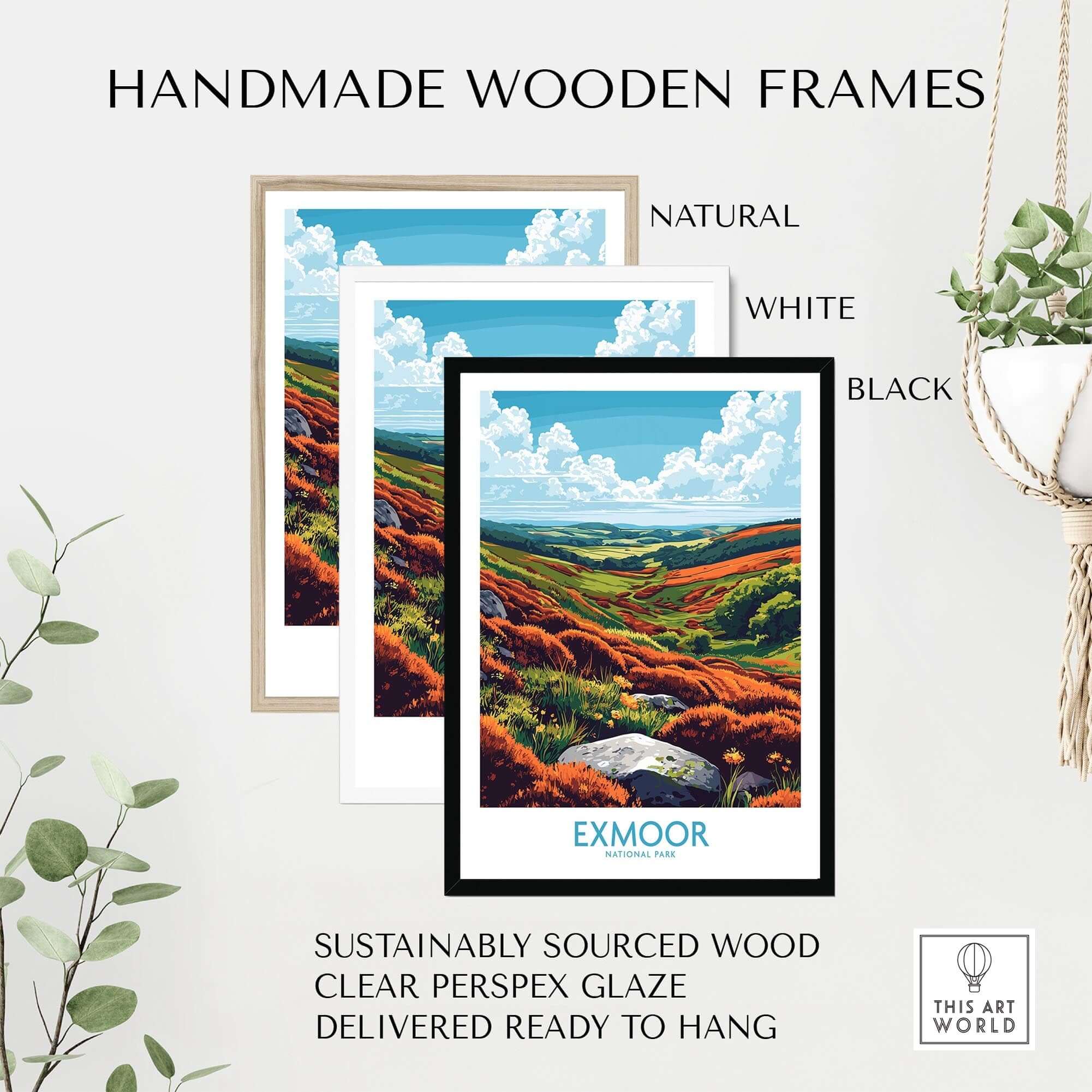 Exmoor Wall Art Poster in handmade wooden frames available in natural, white, and black colors.