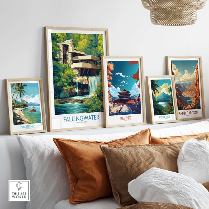 Fallingwater Frank Lloyd Wright Art Print | Pennsylvania Architecture Poster displayed among travel-themed art prints