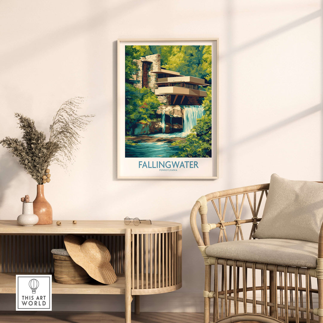 Fallingwater Frank Lloyd Wright Art Print | Pennsylvania Architecture Poster in stylish living room setting