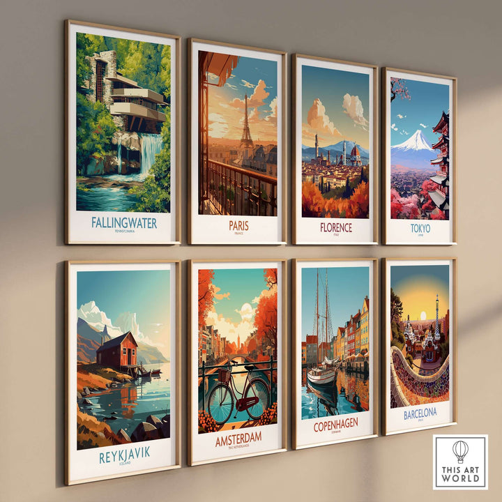 Fallingwater Frank Lloyd Wright Art Print | Pennsylvania Architecture Poster displayed with other city posters
